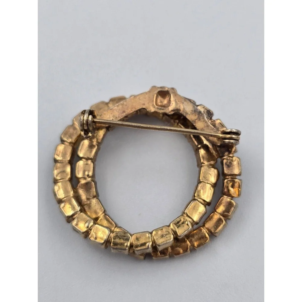 Vintage Gold Tone Interlocking Double Circle‎ Rhinestone Brooch Pin Red Clear